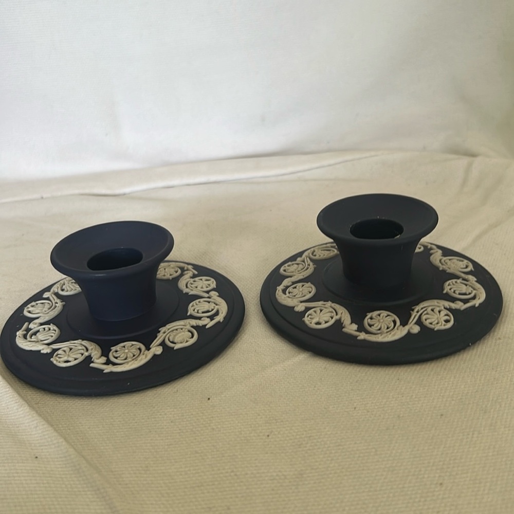 Pair of Vintage WEDGWOOD Portland Blue JASPERWARE Candlestick Holders